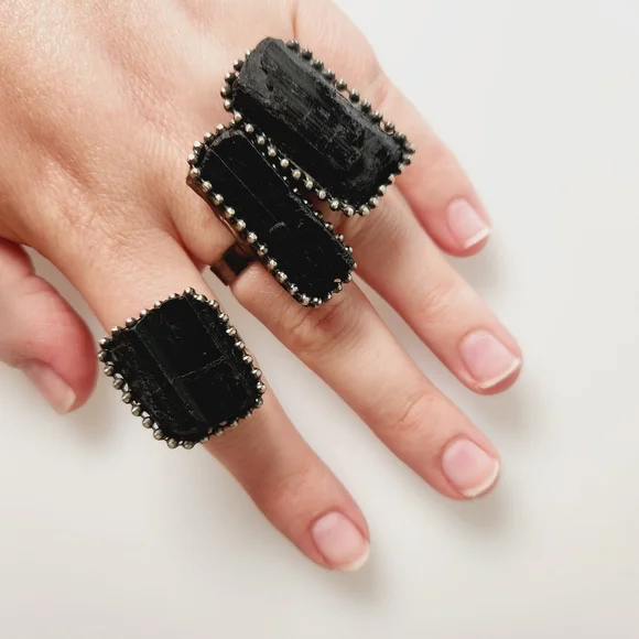 Raw Black Tourmaline Crystal Adjustable Ring - Picture 1 of 4